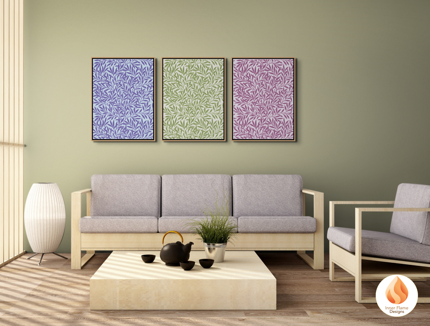 William Morris Inspired Designs - "Willow" | Abstract Botanical Art for Modern Home Design | Triptych Artwork