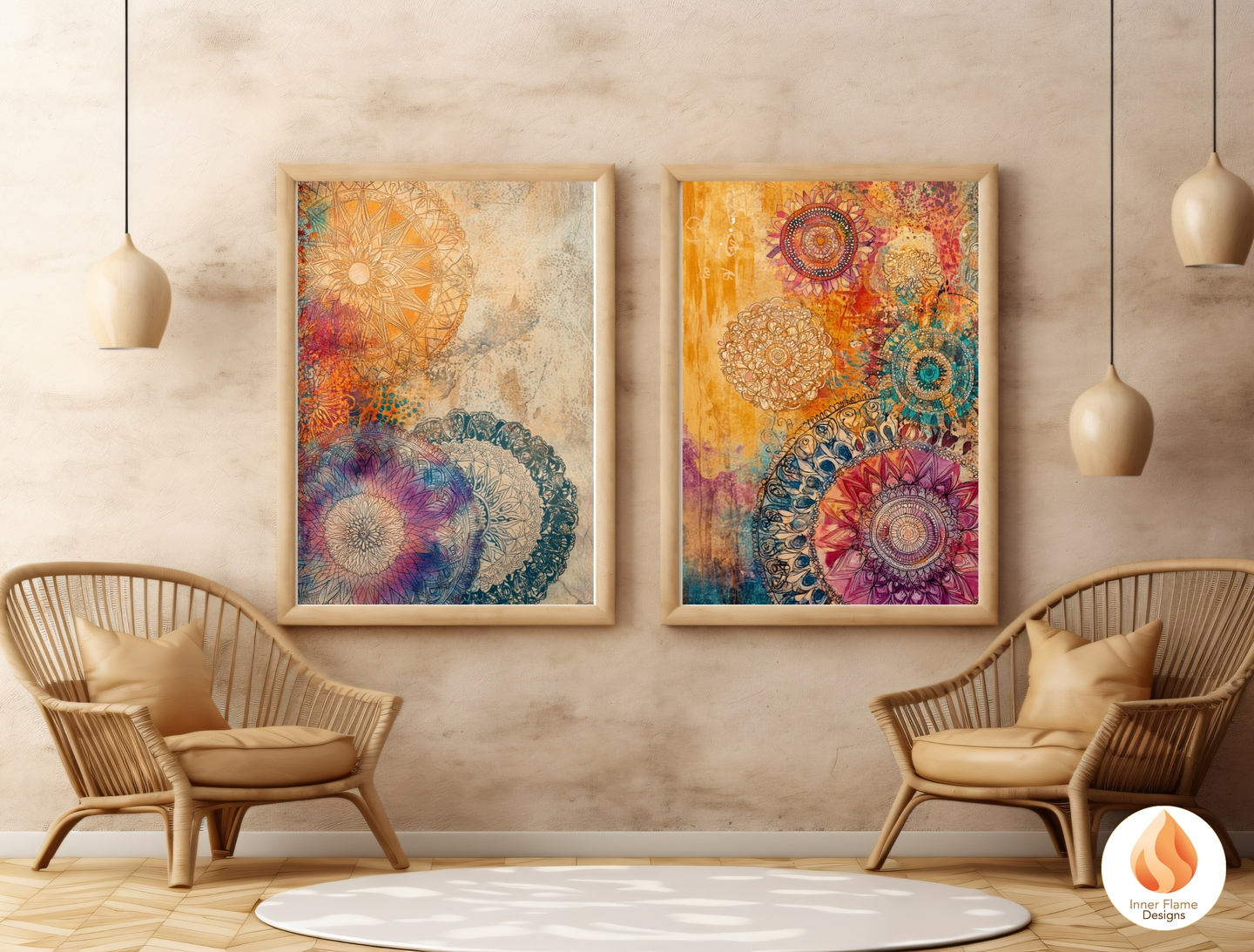 Kaleidoscopic Boho Wall Art Décor for Modern Home Design | Triptych Artwork
