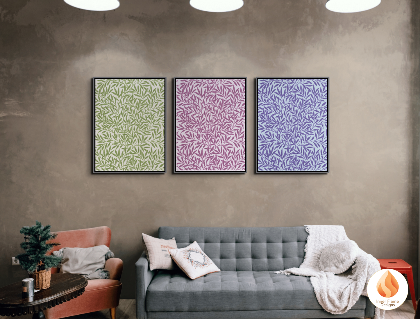 William Morris Inspired Designs - "Willow" | Abstract Botanical Art for Modern Home Design | Triptych Artwork