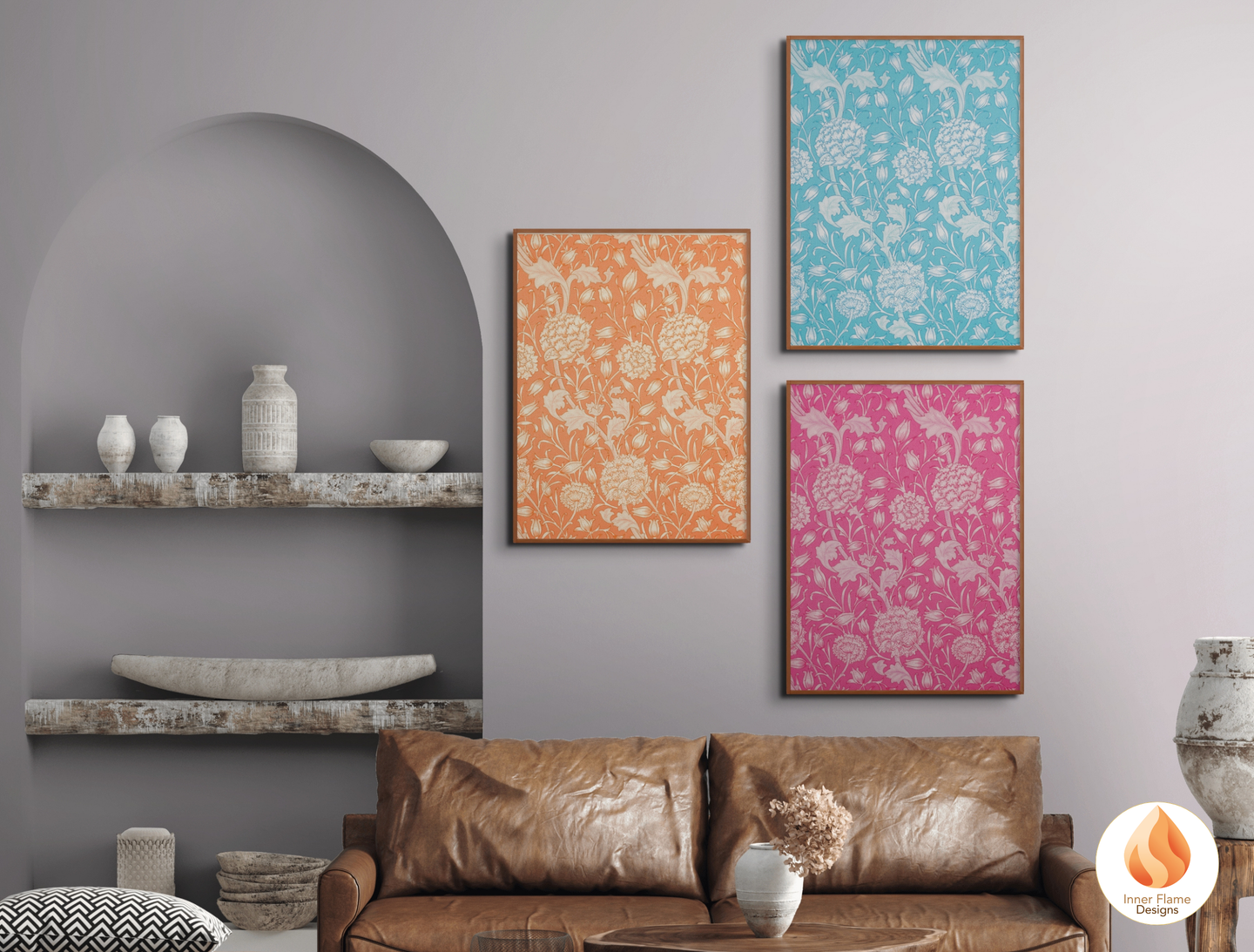 William Morris Inspired Designs - "Wild Tulip" | Abstract Botanical Art for Modern Home Design | Triptych Artwork